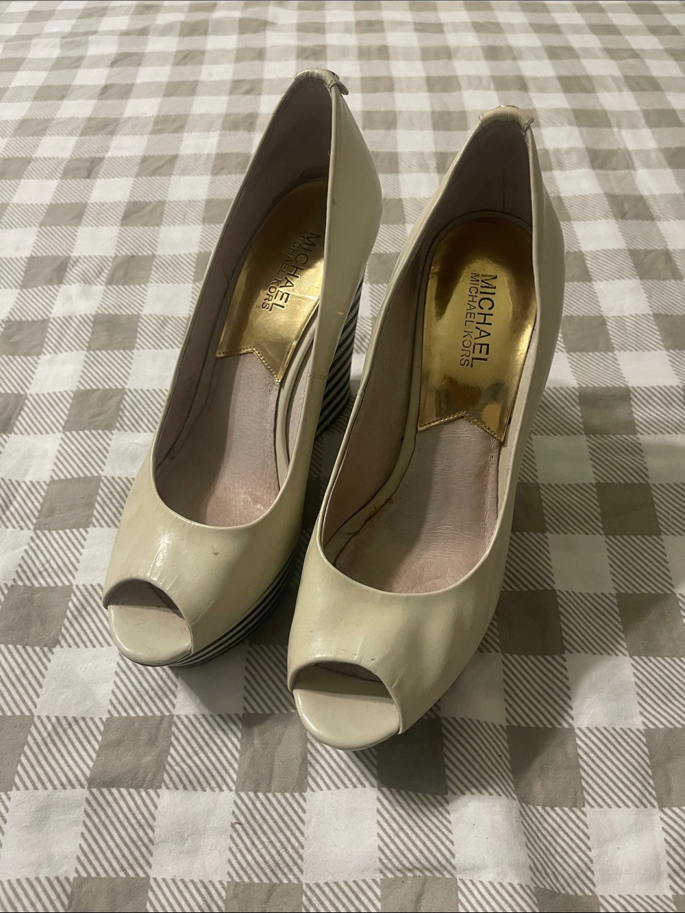 Michael Kors Cream Peep-Toe Platform Wedges with Striped Midsole